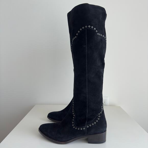 FRYE Boots Womens 6.5 Black Over The Knee Suede Leather Ray Grommet Studded - Picture 2 of 15